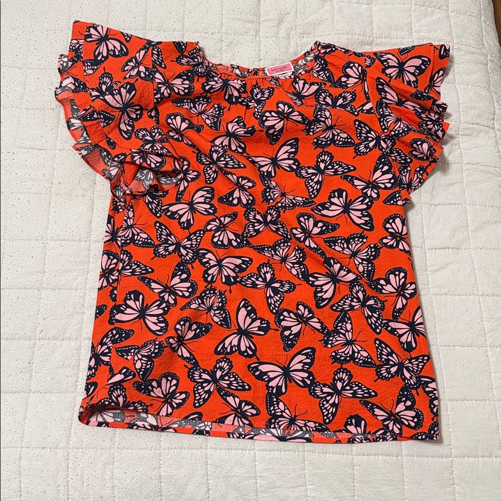Kate Spade butterfly top with ruffle sleeves. Pink, blue and orange. Small NWT.
